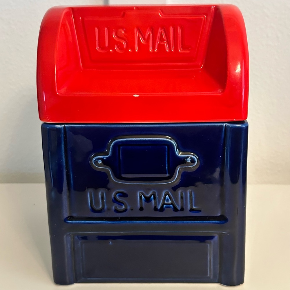 VTG US Mailbox Cookie Jar Ceramic Japan USPS Postal Red Blue Flaws